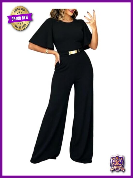 Pants - Women's Wide Leg Jumpsuit Short Sleeve Flutter Sleeve Metal Waist Detail Side